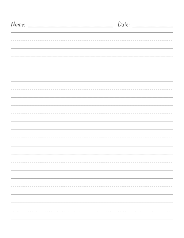 Preview of generated handwriting paper: Grade 1 three-line guides with dashed midline and a Name and Date header