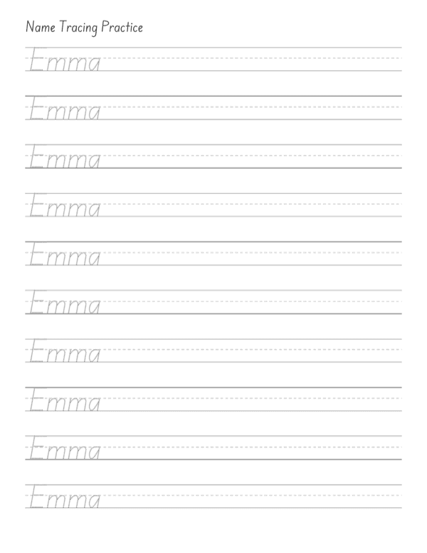 Preview of a generated name tracing worksheet: the name Emma in dotted letters on ten rows of three-line guides