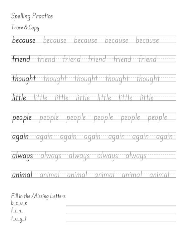 Preview of a generated spelling worksheet: Trace & Copy rows and Fill in the Missing Letters on ruled lines